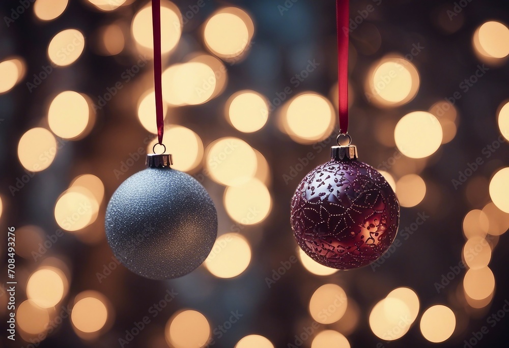 Fototapeta premium Two Christmas balls hanging on an out of focus background