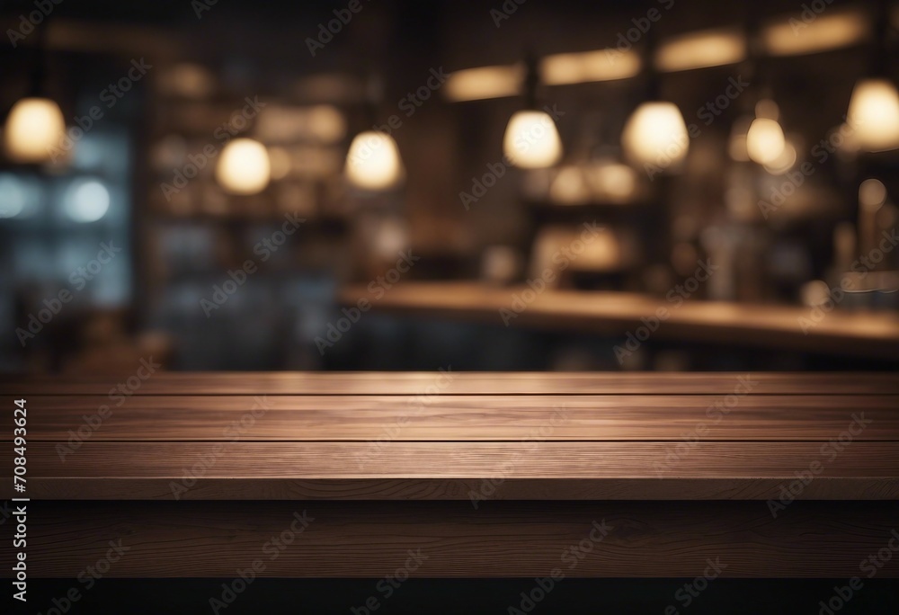 Dark wooden board empty table top and blur interior shop or pub for product presentation