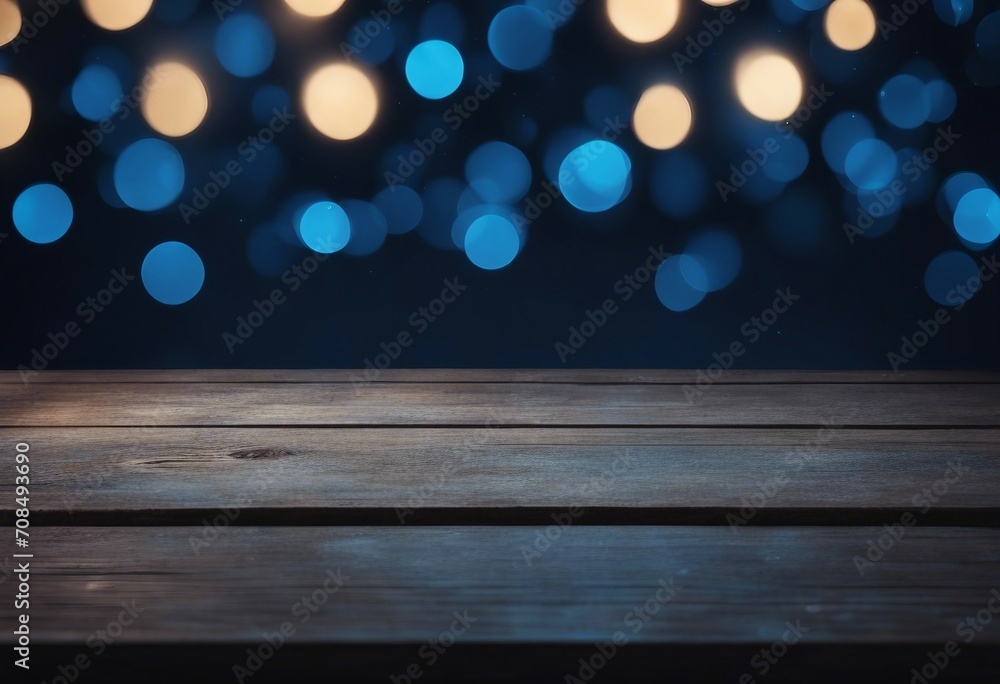 Empty old wooden table over magic dark blue glitter Christmas background podium for product presentation Empty old wooden table over magic dark blue glitter Christmas background podium for product presentation