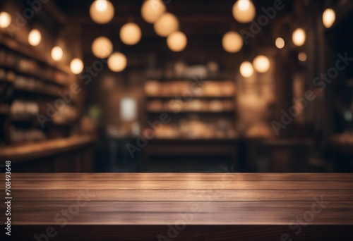 Dark wooden board empty table top and blur interior shop © FrameFinesse