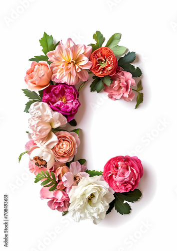big letter C decorated with flowers isolated on white background