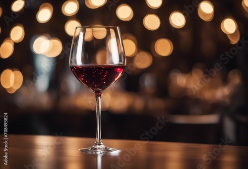 Glass of wine on a table surrounded by lights in a restourant