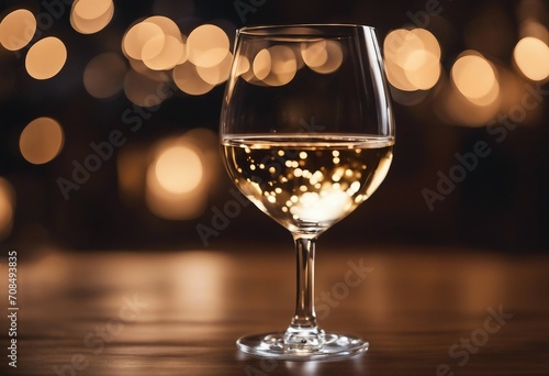 Glass of wine on a wooden table surrounded by blurred lights