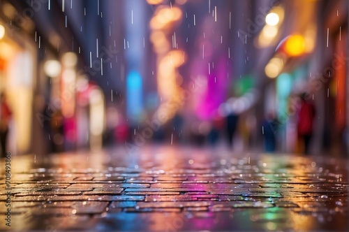 Raining stree city with blurred defocused background