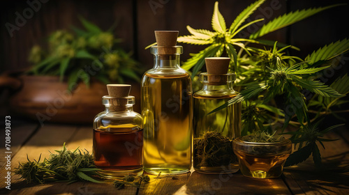 Cbd essential oils in glass bottles next to green marijuana. The concept of therapeutic and cosmetic use of cannabis. Biomedical and organic cannabis medicine, medicinal plants