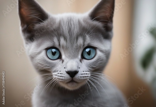 Photo of a gray cat with blue eyes Shorthair kitten frightened cat with drooping ears peeking out © FrameFinesse