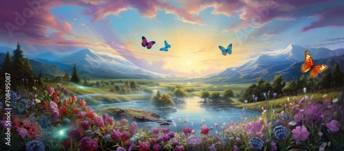 Beautiful, vibrant butterflies float amidst blue and purple flowers, surrounded by a green natural landscape, under an open sky with a shining sun.