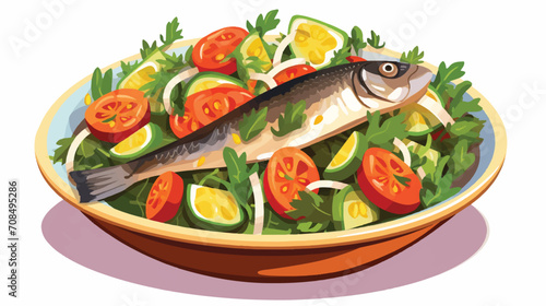 Herring and vegetables summer salad Vector illustration