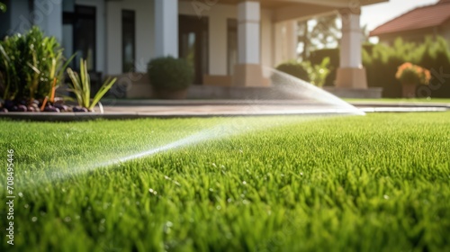 Landscape automatic garden watering system with different rotating sprinklers installed on turf. Landscape design with lawn and fruit garden irrigated with smart autonomous sprayers at sunset time photo