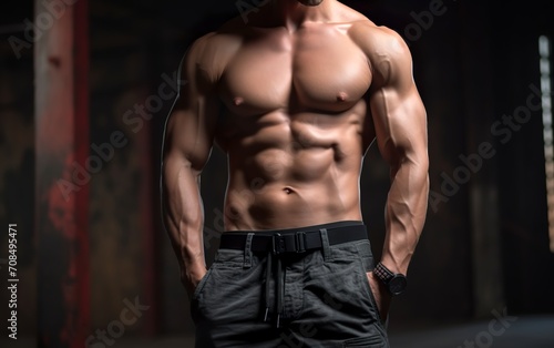 Close-up of muscular fitness male abs.