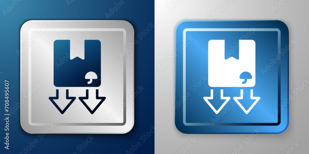 White Cardboard box with traffic symbol icon isolated on blue and grey background. Box, package, parcel sign. Delivery, transportation and shipping. Silver and blue square button. Vector White Cardboard box with traffic symbol icon isolated on blue and grey background. Box, package, parcel sign. Delivery, transportation and shipping. Silver and blue square button. Vector