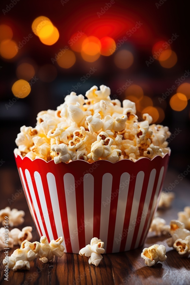 A red and white striped container filled with popcorn against a blurry background of red and yellow lights A red and white striped container filled with popcorn against a blurry background of red and yellow lights