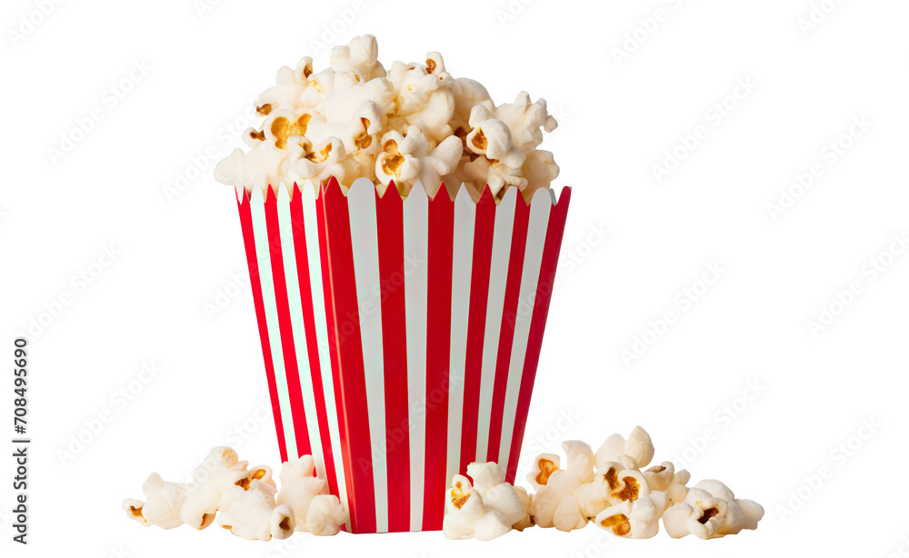 Delicious popcorn in a red-white striped carton box, cut out Delicious popcorn in a red-white striped carton box, cut out