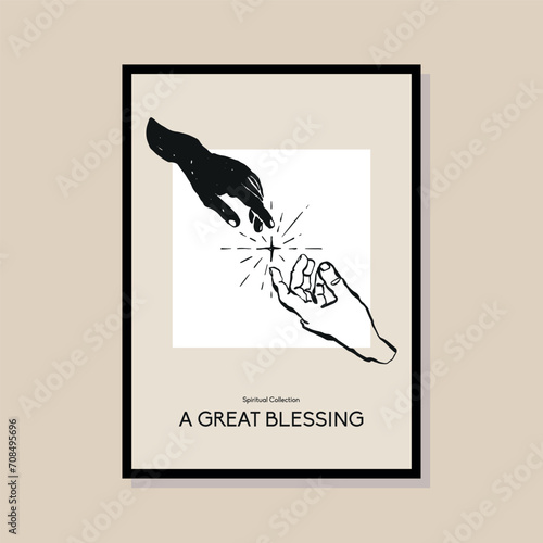 Sacred mystic hand with eye magical protection. Illustration for modern poster design, banner, packaging