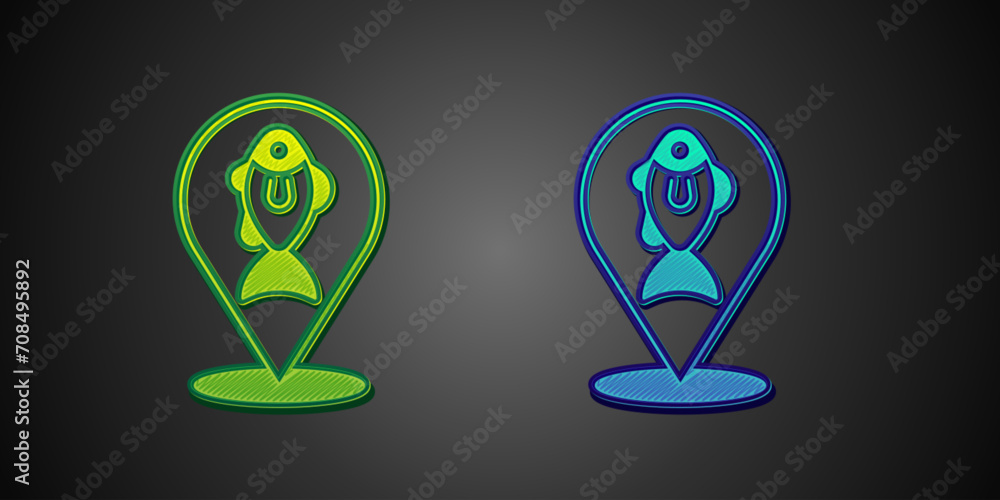 Green and blue Location fishing icon isolated on black background. Fishing place. Vector Green and blue Location fishing icon isolated on black background. Fishing place. Vector