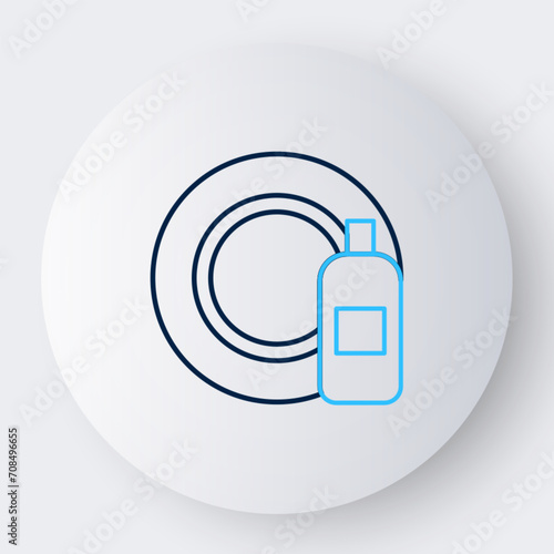 Line Dishwashing liquid bottle and plate icon isolated on white background. Liquid detergent for washing dishes. Colorful outline concept. Vector