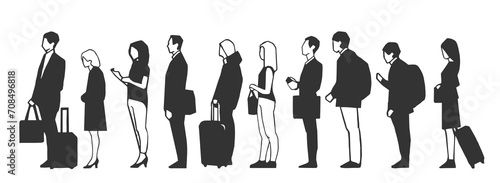 Illustration of people, passengers waiting, standing in line in black and white
