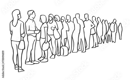 Illustration of people, passengers waiting, standing in line in black and white