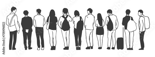 Illustration of people, passengers waiting, standing in line in black and white