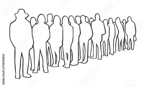 Illustration of people, passengers waiting, standing in line in black and white