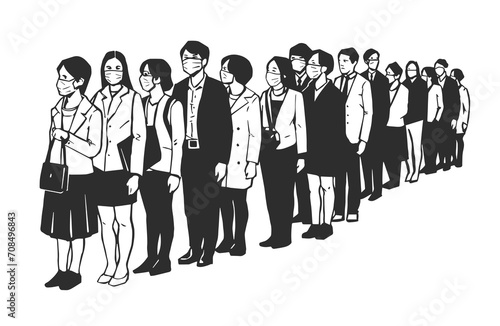 Illustration of people, passengers waiting, standing in line in black and white