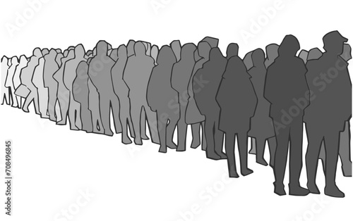 Illustration of people, passengers waiting, standing in line in black and white