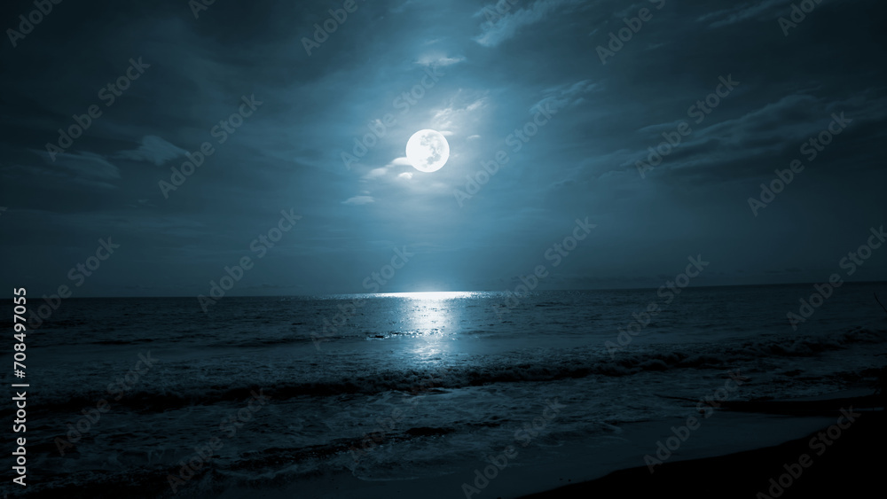 Full moon over the sea. Beach night landscape - obrazy, fototapety, plakaty 