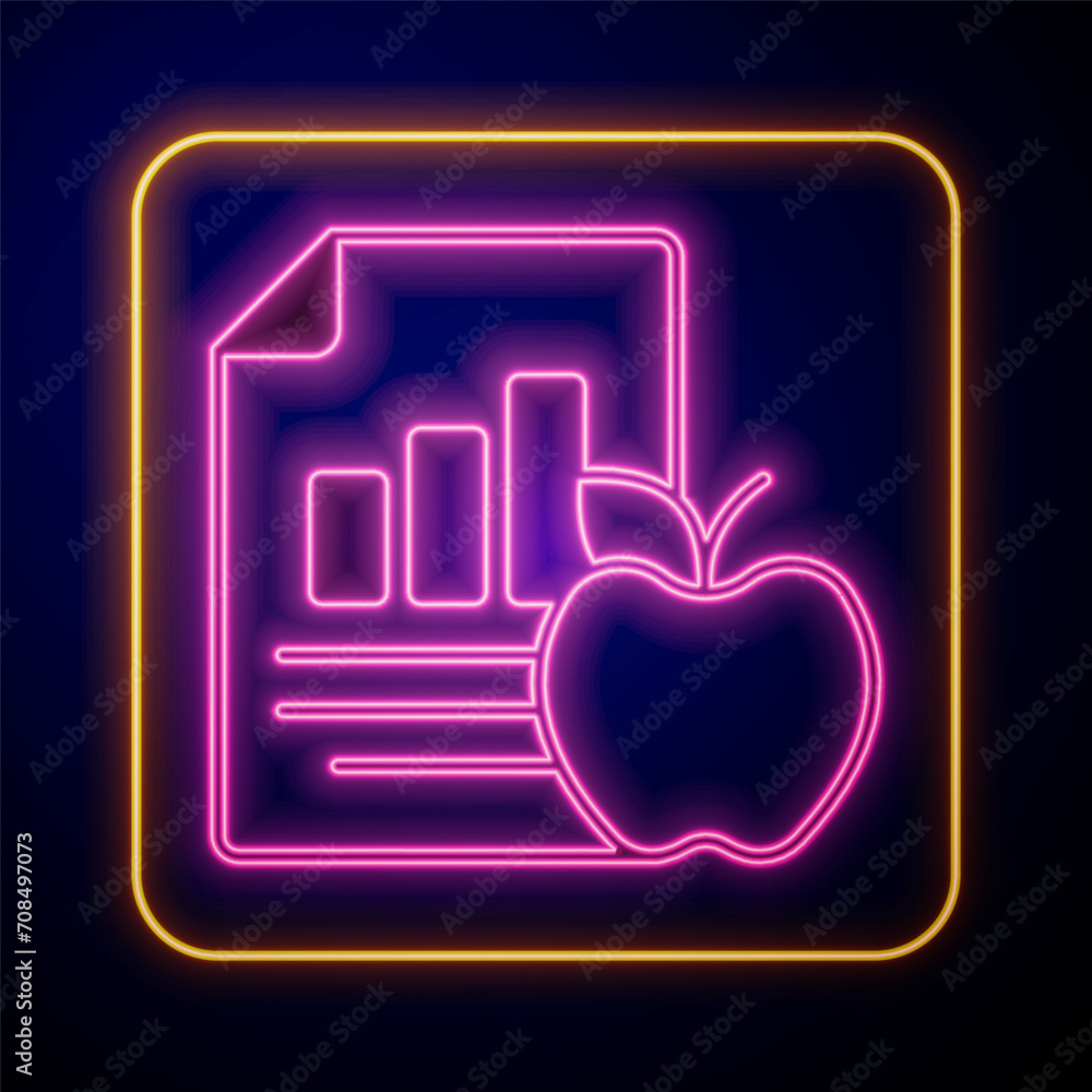 Glowing neon Diet plan icon isolated on isolated on black background. Concept of fitness marathon, proper nutrition, healthy food, beautiful body, vegetables, slimming. Vector