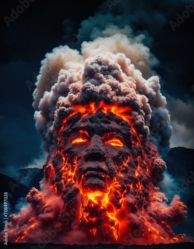 Un volcan en éruption avec un visage humain dans la lave qui coule - generative AI photo