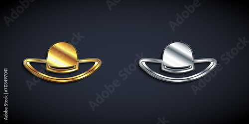 Gold and silver Elegant women hat icon isolated on black background. Long shadow style. Vector