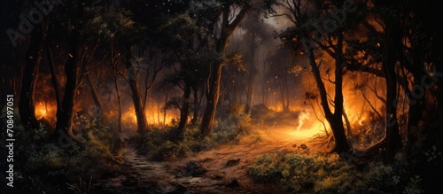 Nocturnal fire in woodland clearing.