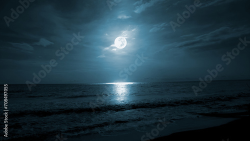 Full moon over the sea. Beach night landscape