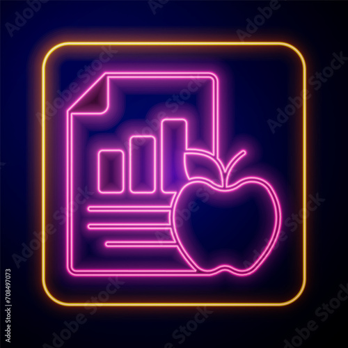 Glowing neon Diet plan icon isolated on isolated on black background. Concept of fitness marathon, proper nutrition, healthy food, beautiful body, vegetables, slimming. Vector