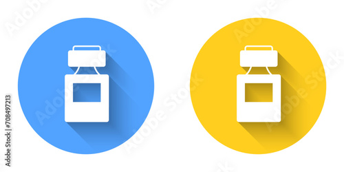 White Perfume icon isolated with long shadow background. Circle button. Vector