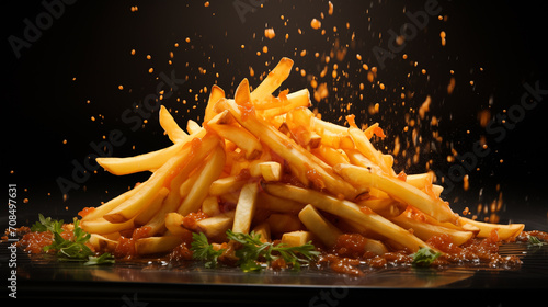 french fries with salt and pepper on dark background