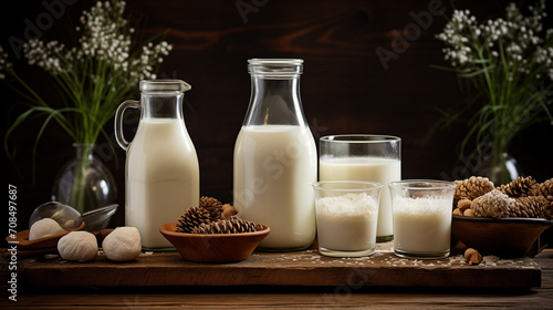 rustic still life with milk on wooden rustic board