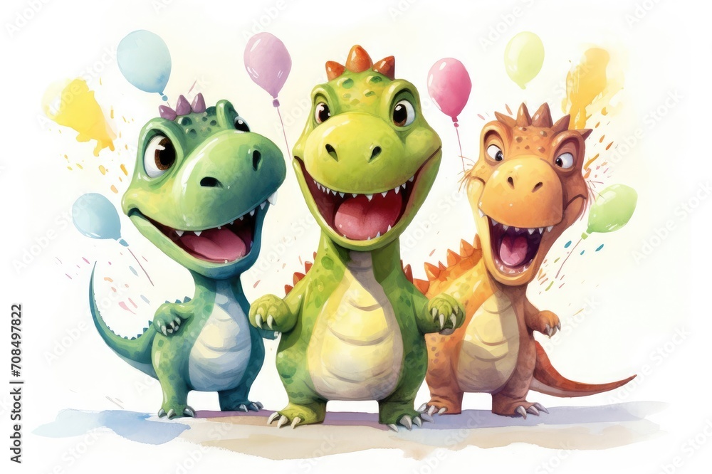 Fototapeta premium Watercolor illustration of cute dinosaur with colorful balloons. Greeting birthday card, poster, banner for children