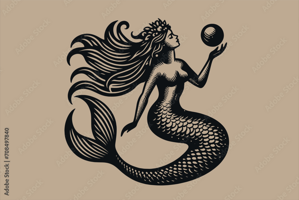 Beautiful mermaid holding a pearl in her hands. Engraving vintage vector illustration, monochrome black color. Woodcut	 - obrazy, fototapety, plakaty 