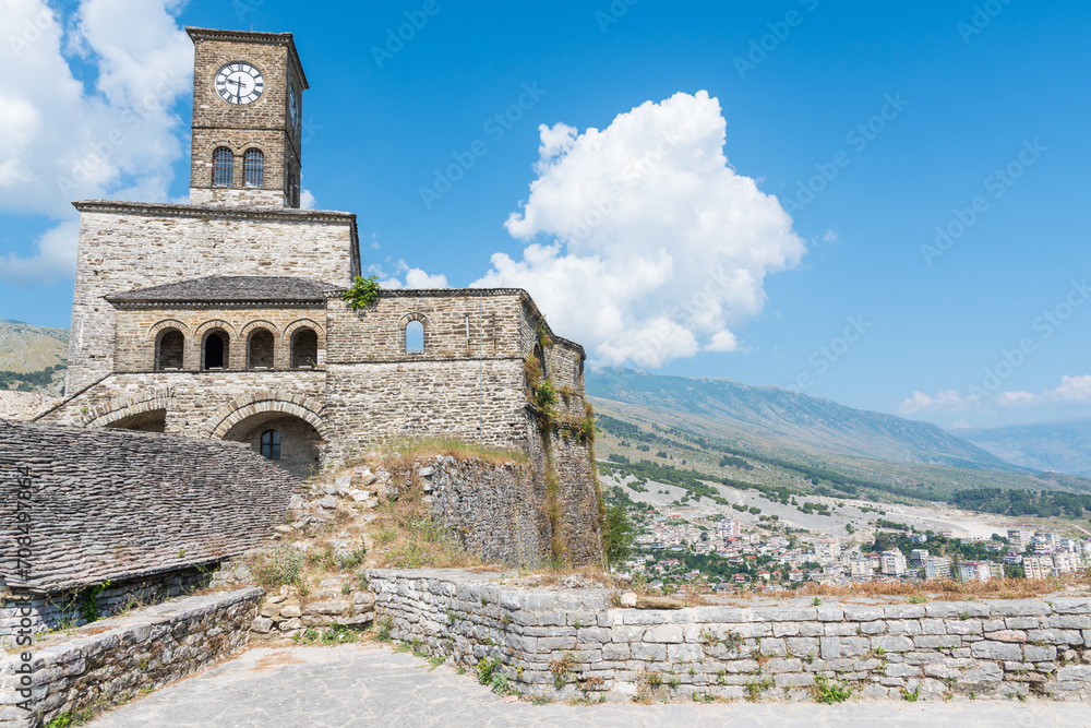 The clock tower of Gjirokastra castle in albania