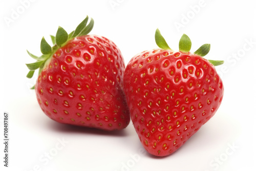 Two fresh strawberries with green stems and leaves isolated on a white background, showcasing their vivid red color and seed detail.