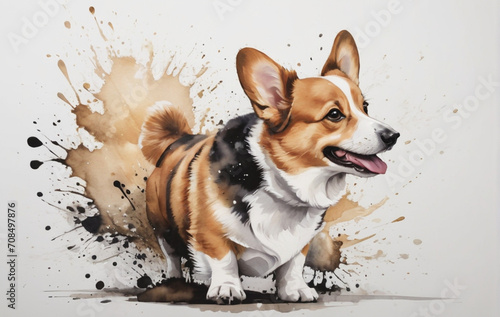 One corgi dog in calligraphy style, splash effects, ink blobs, mostly black and white with some brown, top-down view Generated AI