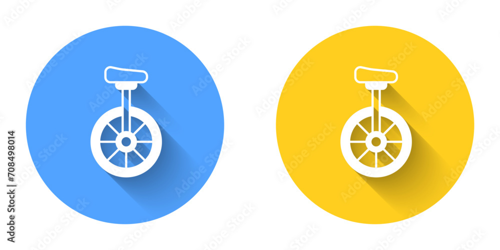 White Unicycle or one wheel bicycle icon isolated with long shadow background. Monowheel bicycle. Circle button. Vector White Unicycle or one wheel bicycle icon isolated with long shadow background. Monowheel bicycle. Circle button. Vector