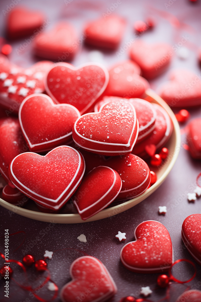 Obraz premium valentine day background with red heart shaped sugar cookies 
