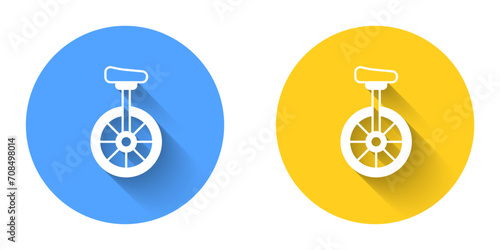 White Unicycle or one wheel bicycle icon isolated with long shadow background. Monowheel bicycle. Circle button. Vector