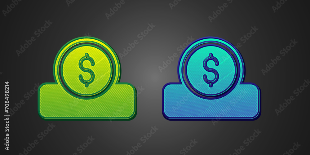 Obraz premium Green and blue Coin money with dollar symbol icon isolated on black background. Banking currency sign. Cash symbol. Vector