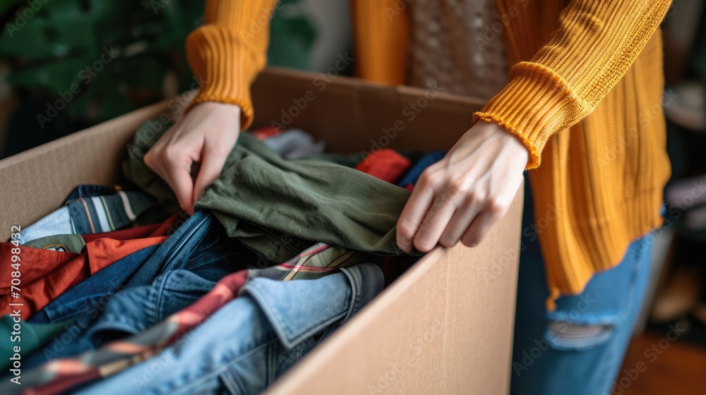 Obraz premium Close-up of hand young woman folding her clothes and packing them in paper box.