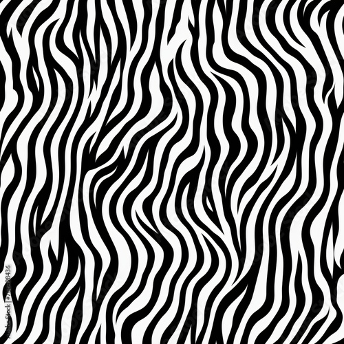 Tiger or zebra fur repeating texture. Jungle animal skin stripes. Seamless black and white monochrome pattern for print for paper, card, wallpaper, textile, fabric