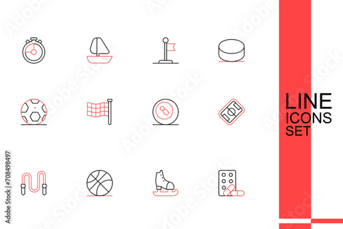Set line Sports doping with dumbbell, Skates, Basketball ball, Jump rope, Football field, Billiard pool snooker, Checkered flag and Soccer football icon. Vector