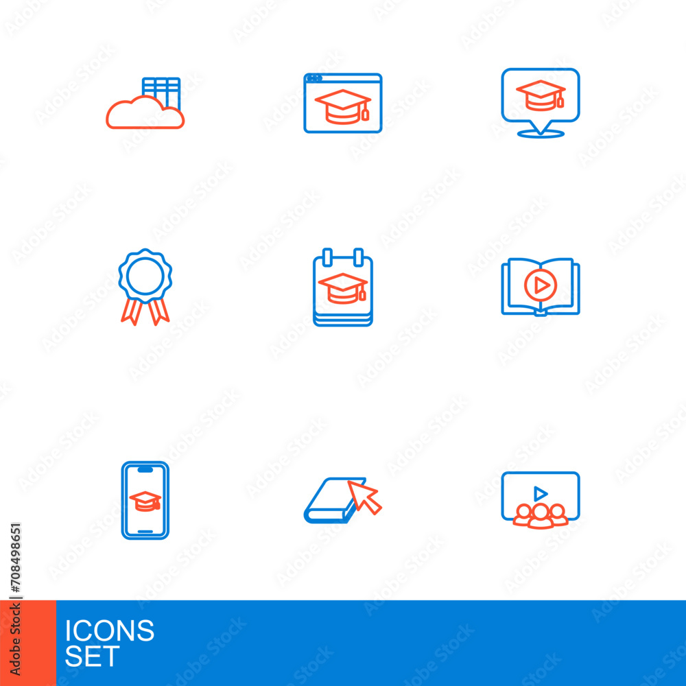 Set line Online class, book, Graduation cap on mobile, Audio, education with diploma, speech bubble and icon. Vector