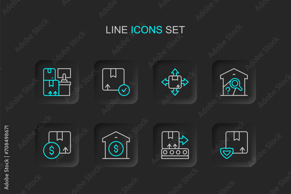 Set line Delivery security with shield, Conveyor belt box, Warehouse price, Carton cardboard, check, and boxes icon. Vector Set line Delivery security with shield, Conveyor belt box, Warehouse price, Carton cardboard, check, and boxes icon. Vector
